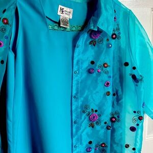 MAGGIE SWEET Embroidered Sheer Turquoise Two apiece  Blouse